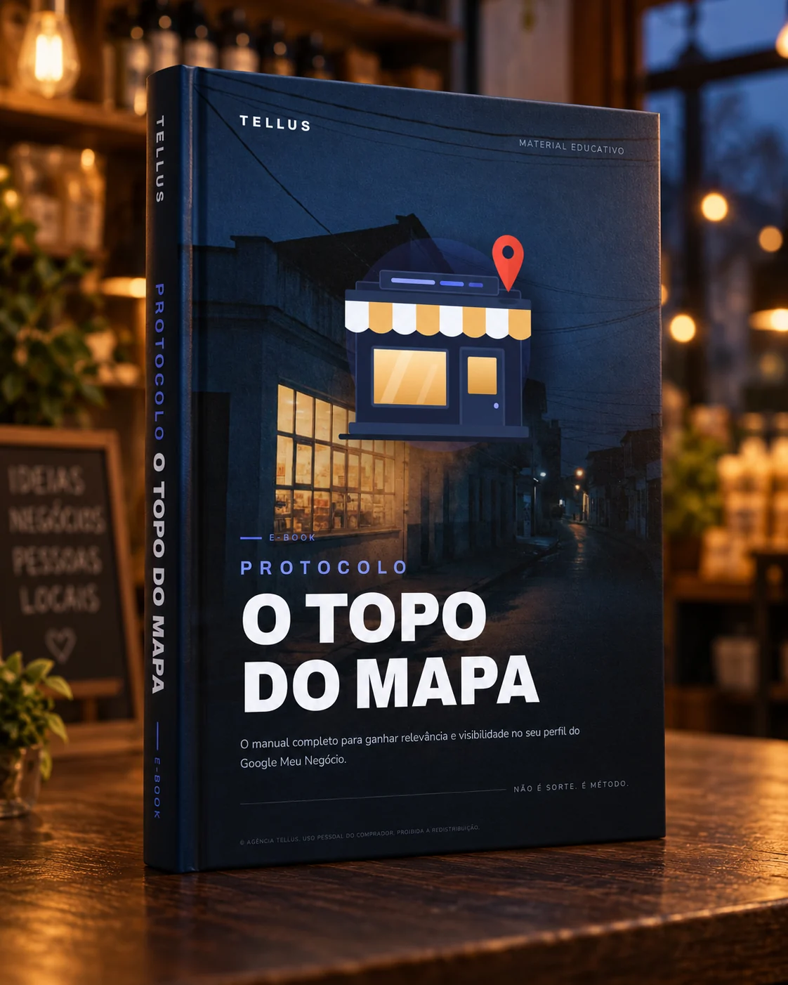 O e-book Protocolo O Topo do Mapa apoiado em pé sobre um balcão de madeira, dentro de uma loja iluminada no fim da tarde