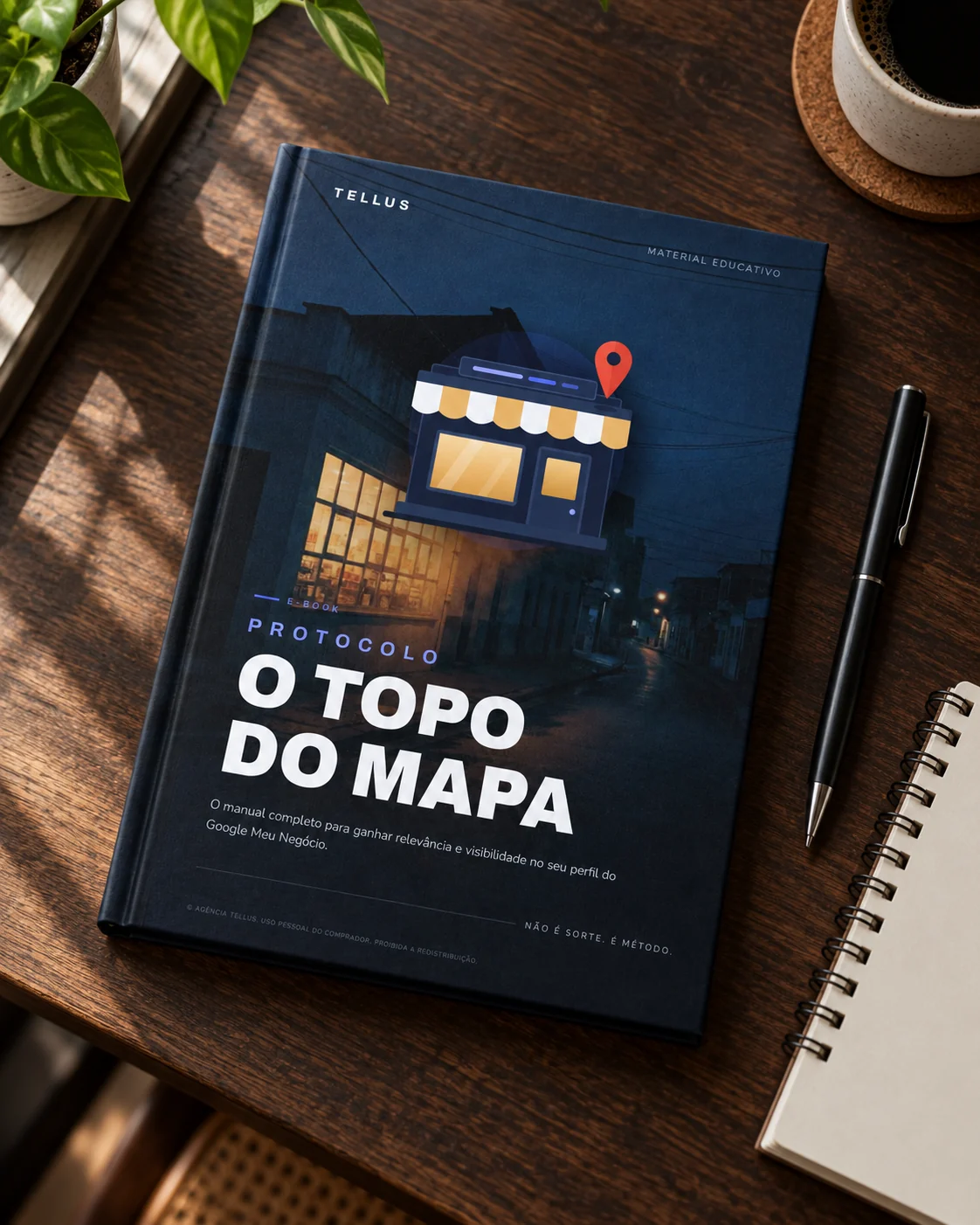 O e-book Protocolo O Topo do Mapa visto de cima, sobre uma mesa de madeira ao lado de uma caneta, um bloco de anotações e uma xícara de café