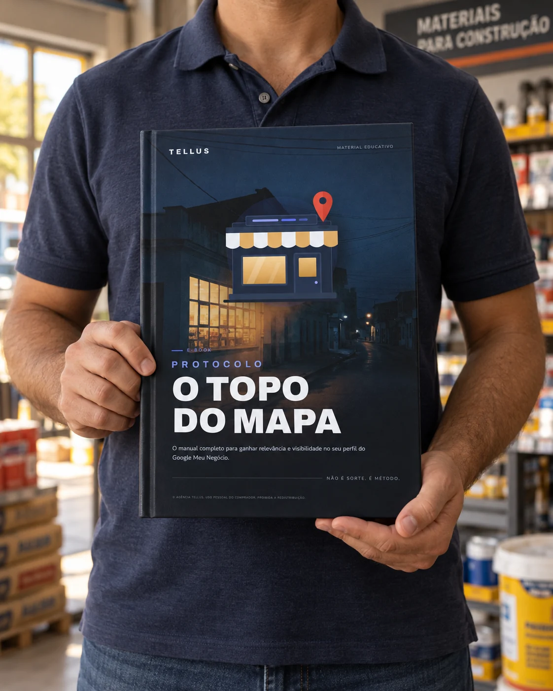 Comerciante de camisa polo azul segurando o e-book Protocolo O Topo do Mapa dentro de uma loja de material de construção