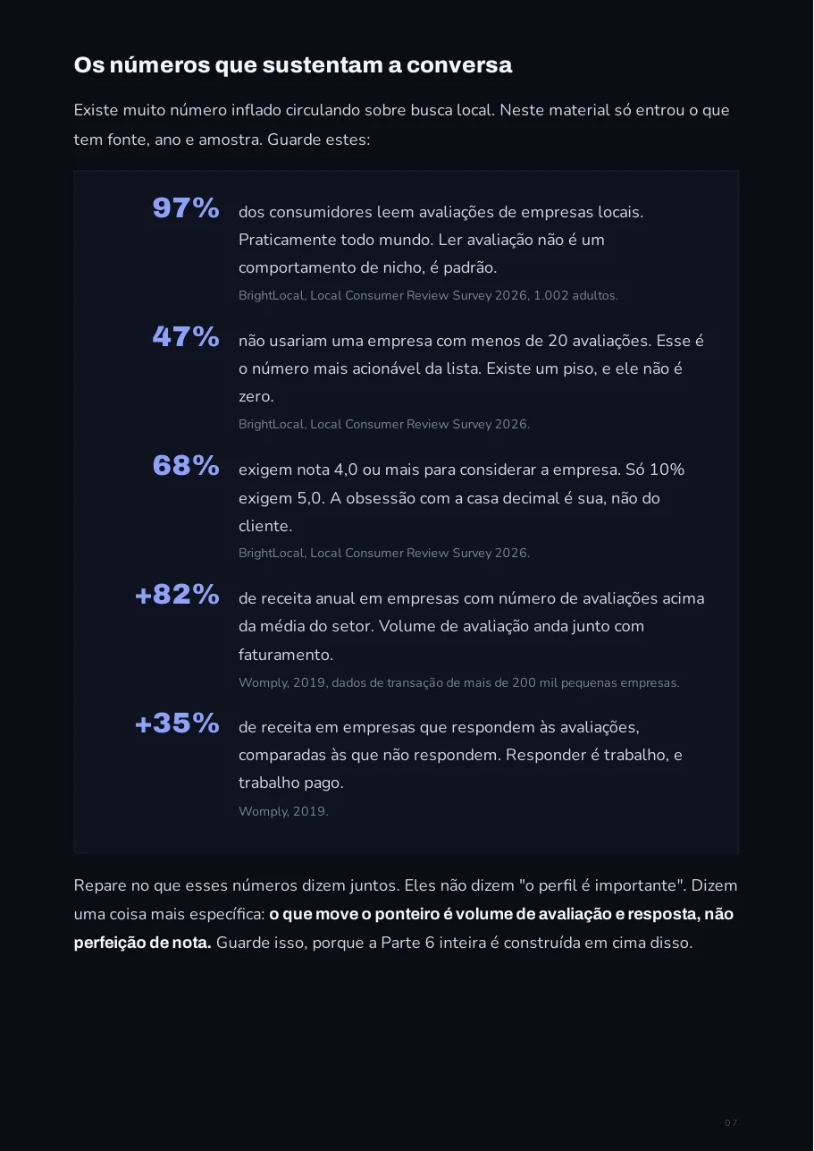 Página com estatísticas de avaliações locais, cada número acompanhado da fonte e do ano do estudo