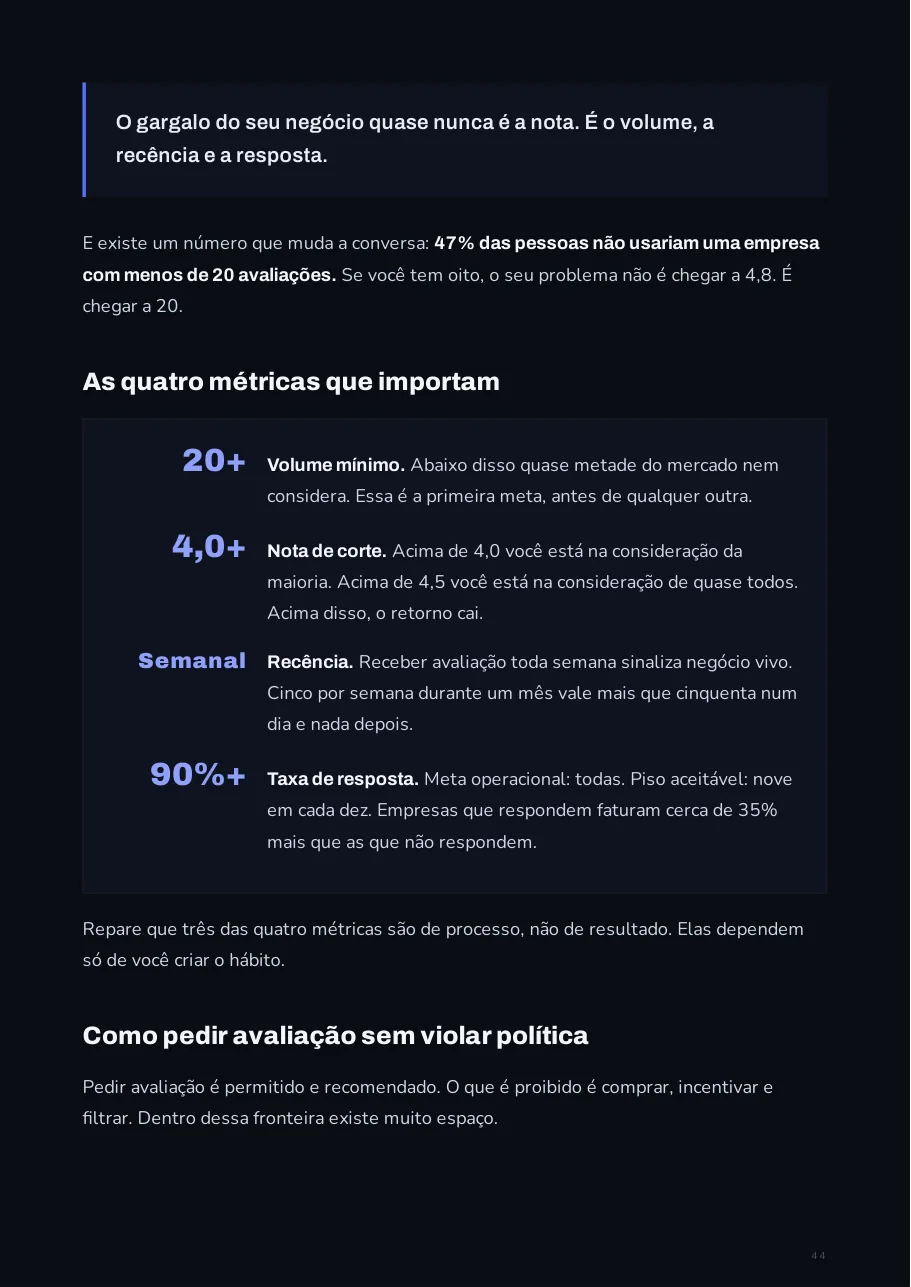 Página listando volume, nota, recência e taxa de resposta como as quatro métricas de avaliação
