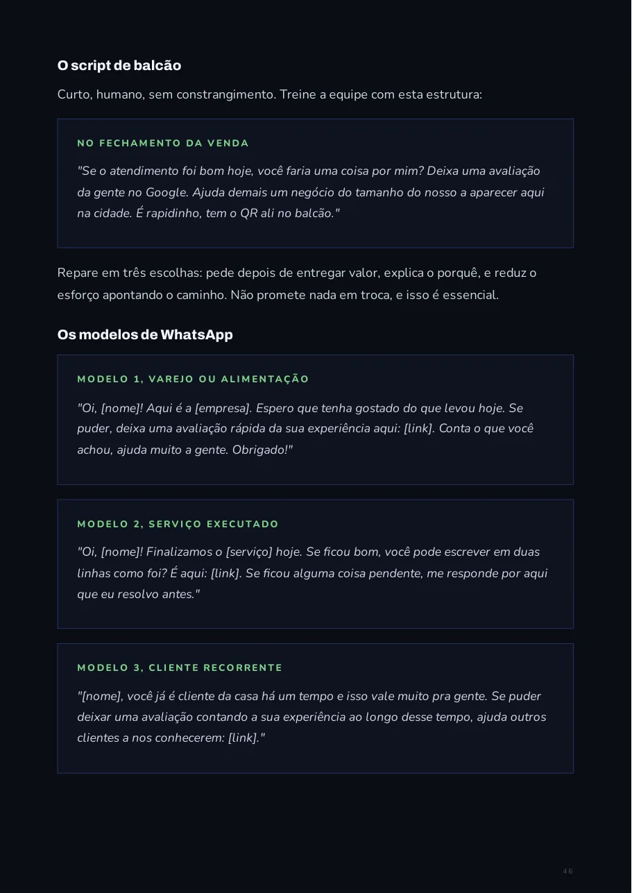 Página com o script de pedido de avaliação no balcão e três modelos de mensagem de WhatsApp