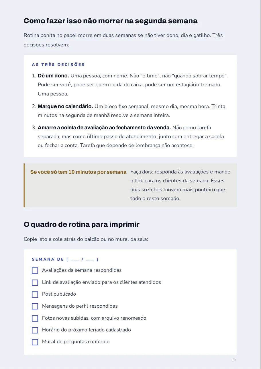 Página com o quadro semanal de rotina do perfil, com caixas de marcação para imprimir