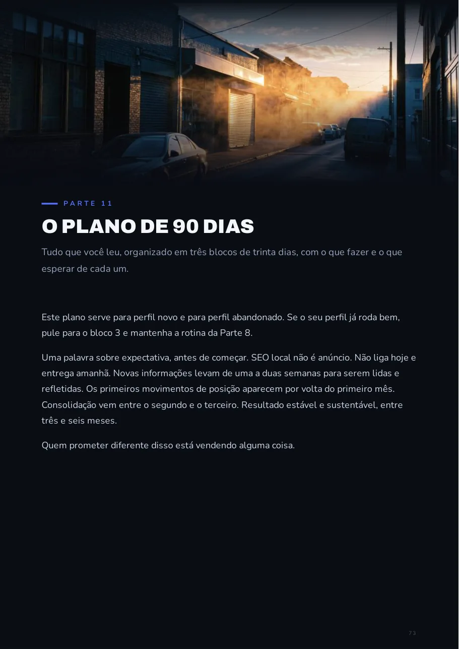 Página de abertura da Parte 11, o plano de 90 dias, com fotografia em sangria
